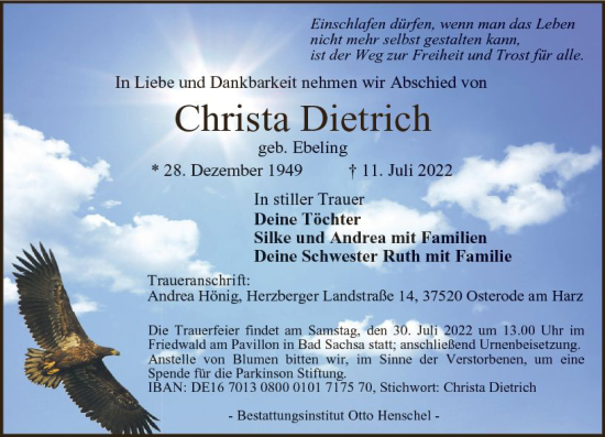 Traueranzeige von Christa Dietrich von vrm-trauer DieburgerAnzeiger/Groß-Zimmerner Lokala