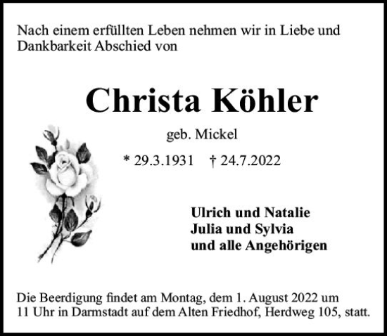 Traueranzeige von Christa Köhler von vrm-trauer Darmstädter Echo