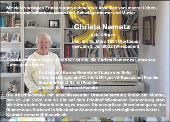 Traueranzeige von Christa Nemetz von vrm-trauer Wiesbadener Kurier