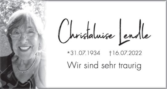Traueranzeige von Christaluise Lendle von vrm-trauer Wiesbadener Kurier