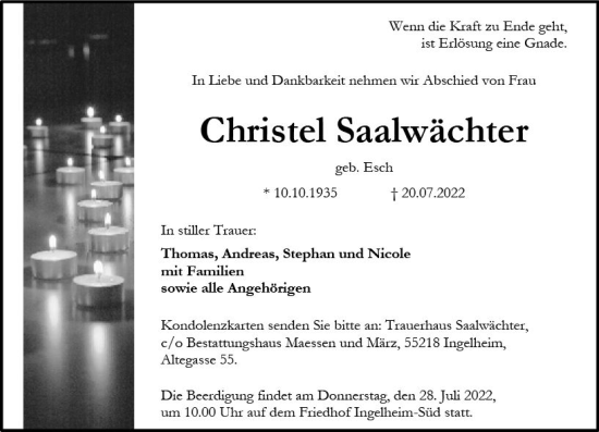Traueranzeige von Christel Saalwächter von vrm-trauer Allgemeine  Zeitung Ingelheim-Bingen