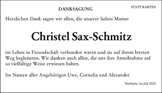 Traueranzeige von Christel Sax-Schmitz von vrm-trauer Allg. Zeitung Bad Kreuznach