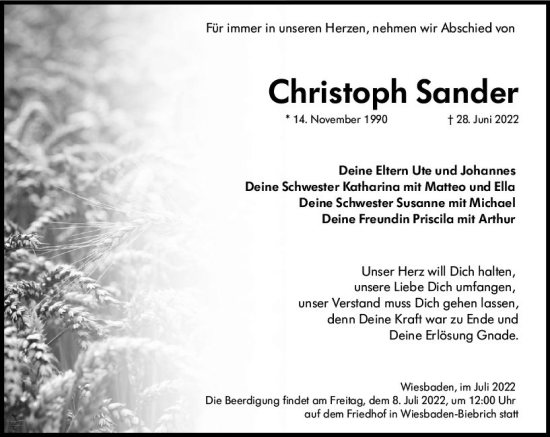 Traueranzeige von Christoph Sander von vrm-trauer Wiesbadener Kurier