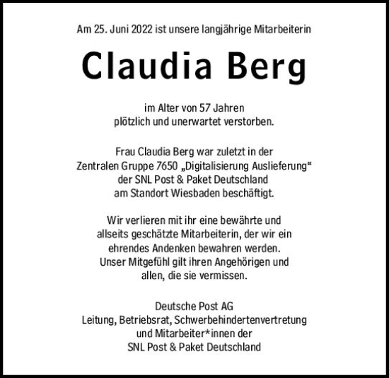 Traueranzeige von Claudia Berg von vrm-trauer Wiesbadener Kurier