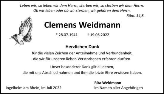 Traueranzeige von Clemens Weidmann von vrm-trauer Allgemeine  Zeitung Ingelheim-Bingen