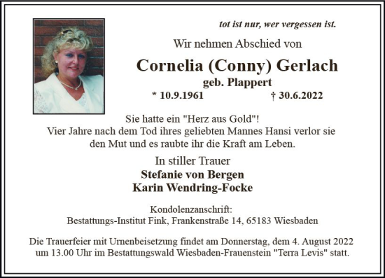 Traueranzeige von Cornelia Gerlach von vrm-trauer Wiesbadener Kurier