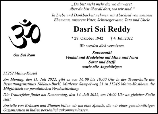 Traueranzeige von Dasri Sai Reddy von vrm-trauer AZ Mainz