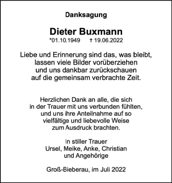 Traueranzeige von Dieter Buxmann von vrm-trauer Darmstädter Echo