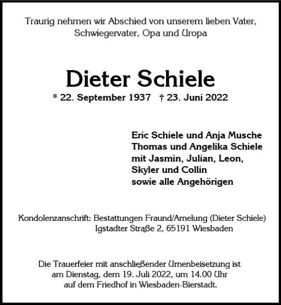 Traueranzeige von Dieter Schiele von vrm-trauer Wiesbadener Kurier