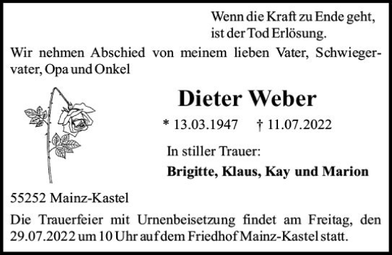 Traueranzeige von Dieter Weber von vrm-trauer Wiesbadener Kurier