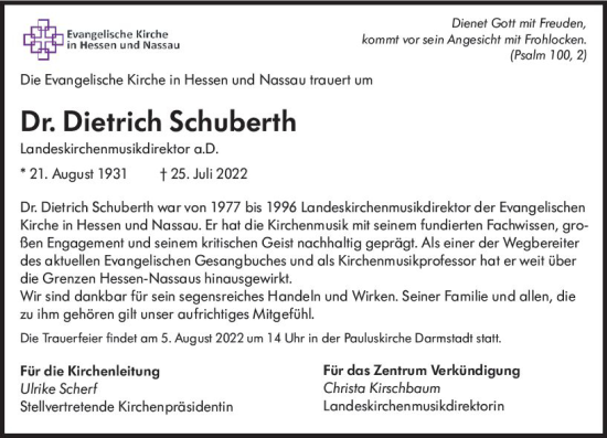 Traueranzeige von Dietrich Schuberth von vrm-trauer DieburgerAnzeiger/Groß-Zimmerner Lokala