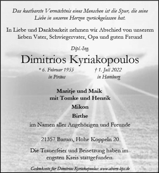 Traueranzeige von Dimitrios Kyriakopoulos von vrm-trauer Darmstädter Echo