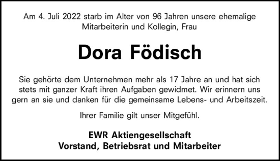 Traueranzeige von Dora Födisch von vrm-trauer Wormser Zeitung