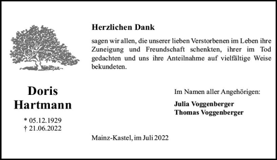 Traueranzeige von Doris Hartmann von vrm-trauer AZ Mainz