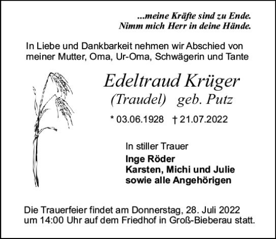Traueranzeige von Edeltraud Krüger von vrm-trauer Darmstädter Echo