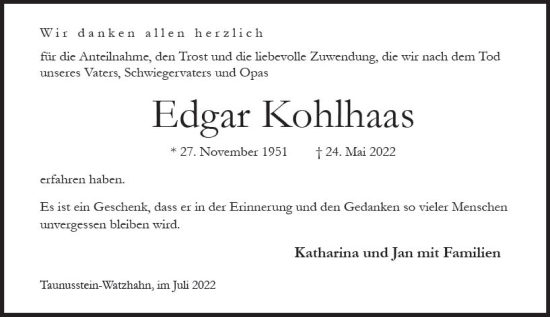 Traueranzeige von Edgar Kohlhaas von vrm-trauer WK-UTA