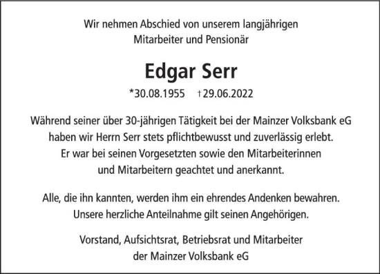 Traueranzeige von Edgar Serr von vrm-trauer Allgemeine  Zeitung Ingelheim-Bingen