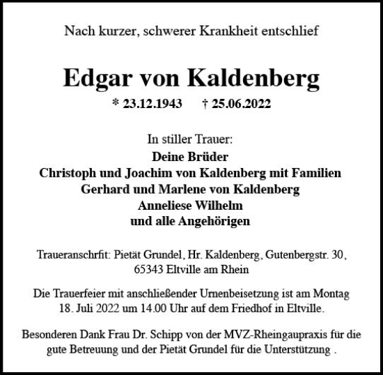 Traueranzeige von Edgar von Kaldenberg von vrm-trauer Rheingau