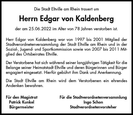 Traueranzeige von Edgar von Kaldenberg von vrm-trauer Rheingau