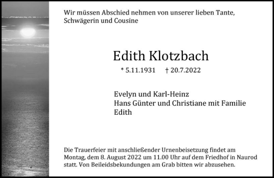 Traueranzeige von Edith Klotzbach von vrm-trauer Wiesbadener Kurier