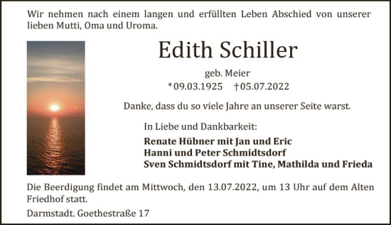 Traueranzeige von Edith Schiller von vrm-trauer Darmstädter Echo