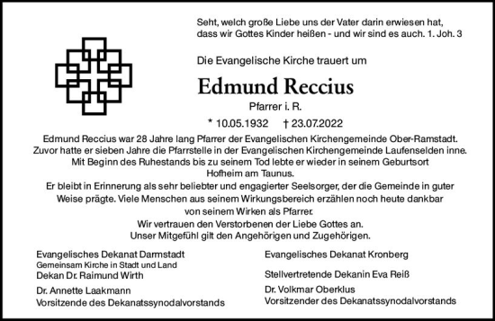 Traueranzeige von Edmund Reccius von vrm-trauer Darmstädter Echo
