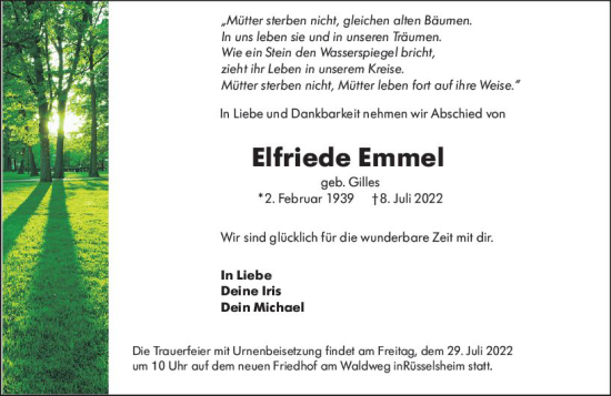 Traueranzeige von Elfriede Emmel von vrm-trauer Rüsselsheimer Echo / MainSpitze