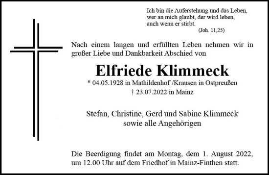 Traueranzeige von Elfriede Klimmeck von vrm-trauer AZ Mainz