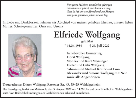 Traueranzeige von Elfriede Wolfgang von vrm-trauer Allgemeine  Zeitung Ingelheim-Bingen