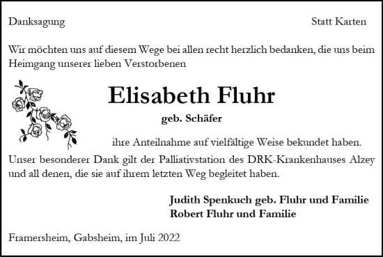 Traueranzeige von Elisabeth Fluhr von vrm-trauer Allgemeine Zeitung Alzey