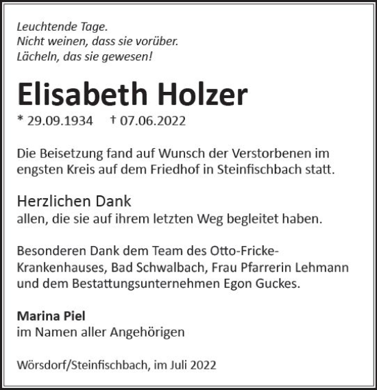 Traueranzeige von Elisabeth Holzer von vrm-trauer Idsteiner Zeitung
