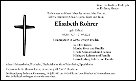 Traueranzeige von Elisabeth Rohrer von vrm-trauer Allgemeine Zeitung Alzey