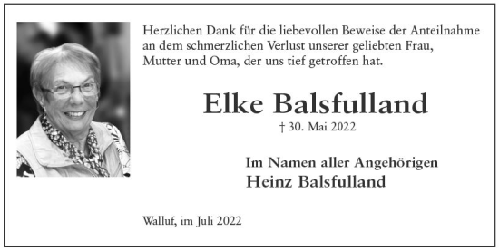 Traueranzeige von Elke Balsfulland von vrm-trauer Wiesbadener Kurier
