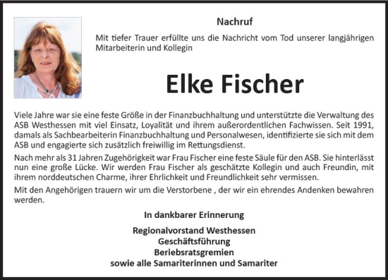 Traueranzeige von Elke Fischer von vrm-trauer Wiesbadener Kurier