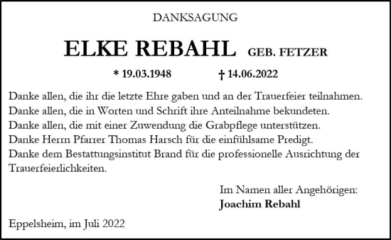 Traueranzeige von Elke Rebahl von vrm-trauer Allgemeine Zeitung Alzey