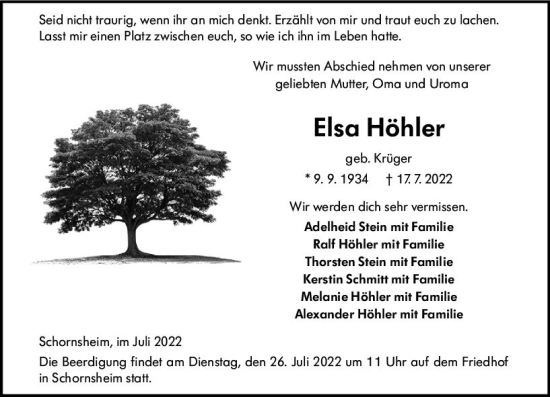 Traueranzeige von Elsa Höhler von vrm-trauer Allgemeine Zeitung Alzey