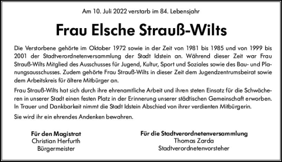 Traueranzeige von Elsche Strauß-Wilts von vrm-trauer Idsteiner Zeitung