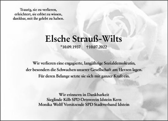 Traueranzeige von Elsche Strauß-Wilts von vrm-trauer Idsteiner Zeitung
