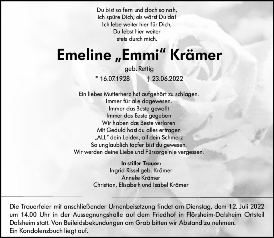 Traueranzeige von Emeline  Krämer von vrm-trauer Wormser Zeitung