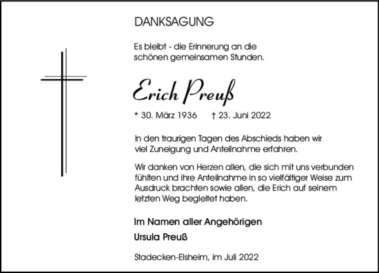 Traueranzeige von Erich Preuß von vrm-trauer AZ Mainz