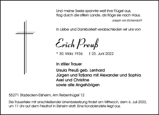 Traueranzeige von Erich Preuß von vrm-trauer AZ Mainz