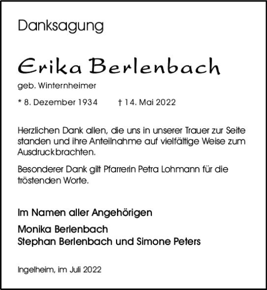 Traueranzeige von Erika Berlenbach von vrm-trauer Allgemeine  Zeitung Ingelheim-Bingen