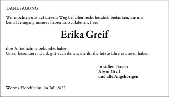 Traueranzeige von Erika Greif von vrm-trauer Wormser Zeitung
