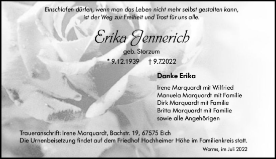 Traueranzeige von Erika Jennerich von vrm-trauer Wormser Zeitung