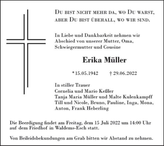 Traueranzeige von Erika Müller von vrm-trauer Idsteiner Zeitung