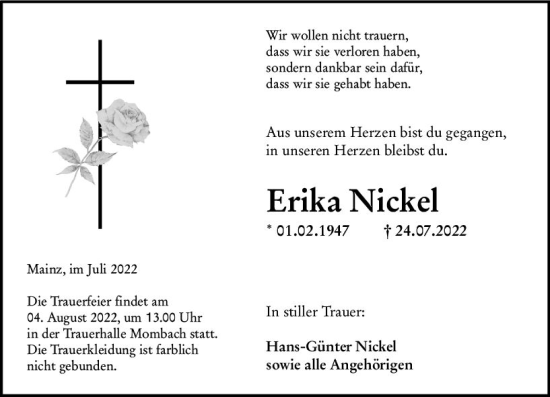 Traueranzeige von Erika Nickel von vrm-trauer AZ Mainz