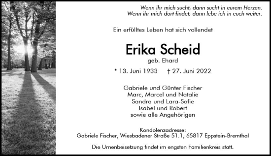 Traueranzeige von Erika Scheid von vrm-trauer Idsteiner Zeitung