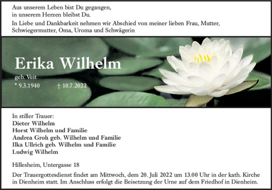 Traueranzeige von Erika Wilhelm von vrm-trauer AZ Mainz
