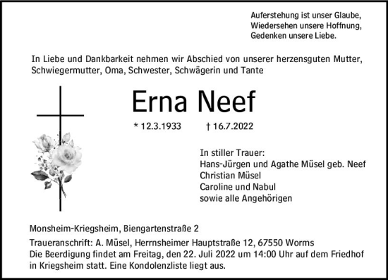 Traueranzeige von Erna Neef von vrm-trauer Wormser Zeitung