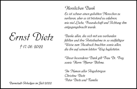 Traueranzeige von Ernst Dietz von vrm-trauer Darmstädter Echo